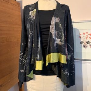 ANTHRO sheer cardigan with chartreuse silk trim